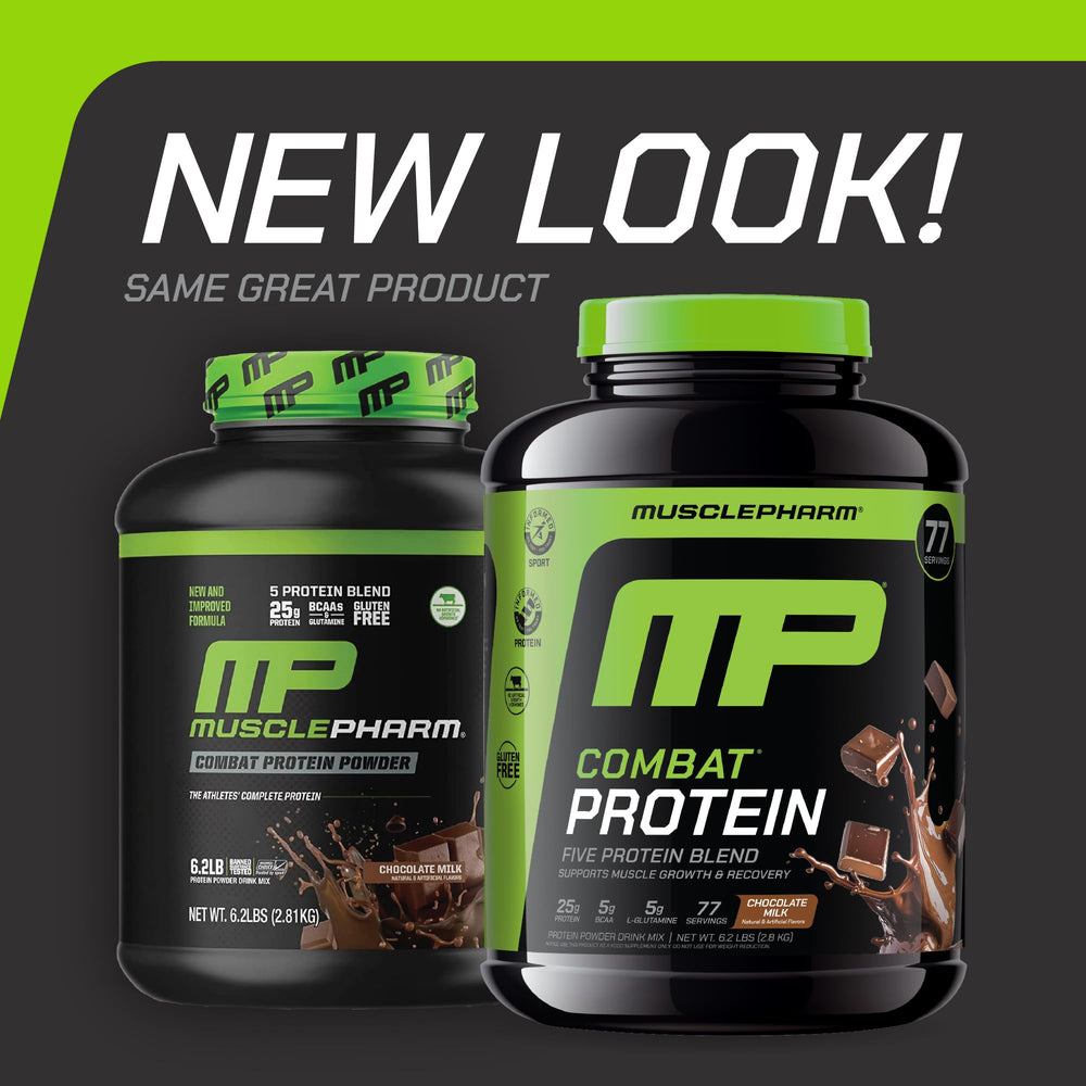 MusclePharm Combat Protein Powder pour demonstrates easy mixing for pre- or post-workout fueling