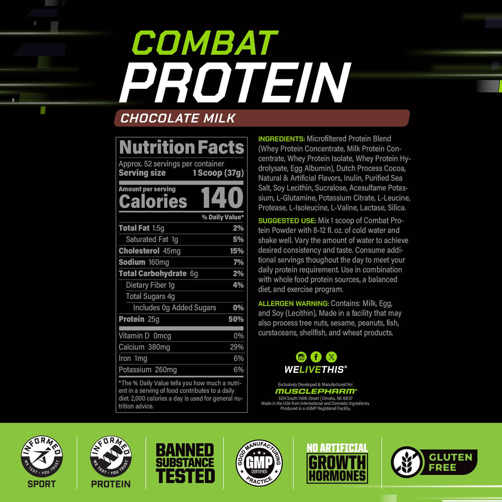 A frothy MusclePharm Combat Protein Powder shake with chocolate flavor ready to sip.