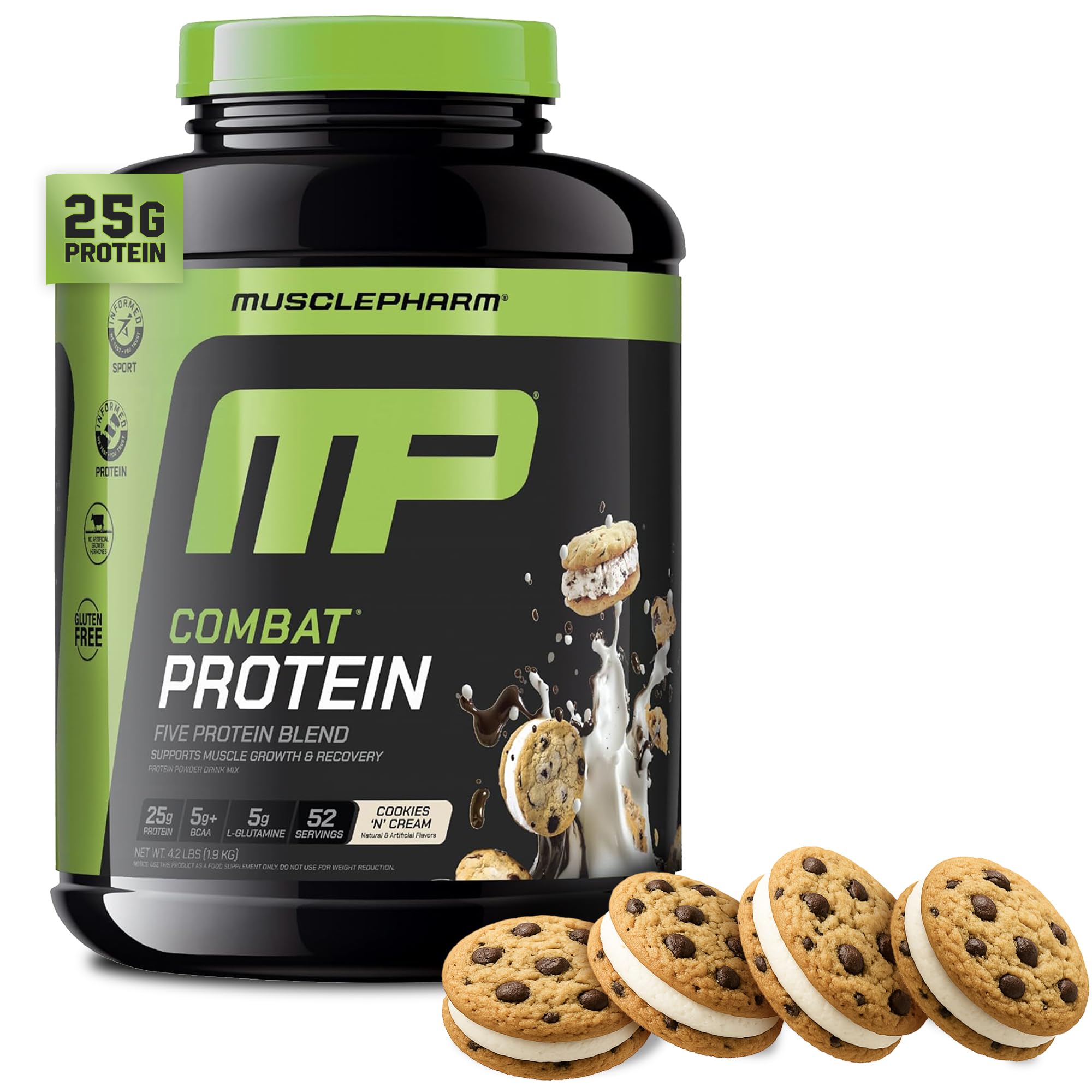 MusclePharm Combat Protein Powder Cookies 'N' Cream tub ready for post-workout fueling.