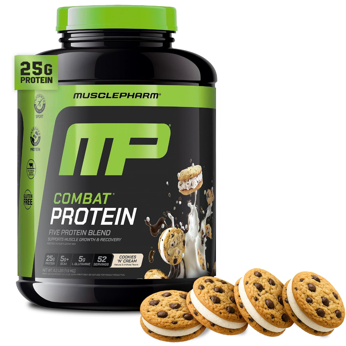MusclePharm Combat Protein Powder Cookies 'N' Cream tub ready for post-workout fueling.