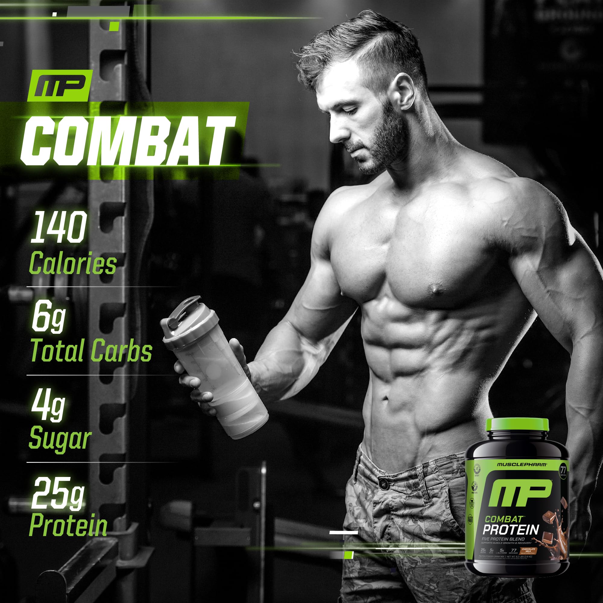 MusclePharm Combat Protein Powder gluten-free badge signals clean sports nutrition