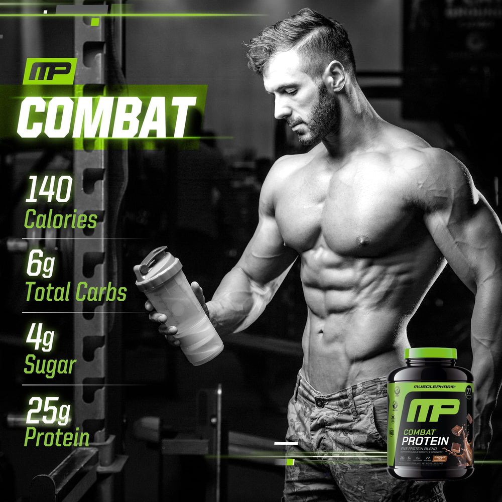 MusclePharm Combat Protein Powder gluten-free badge signals clean sports nutrition