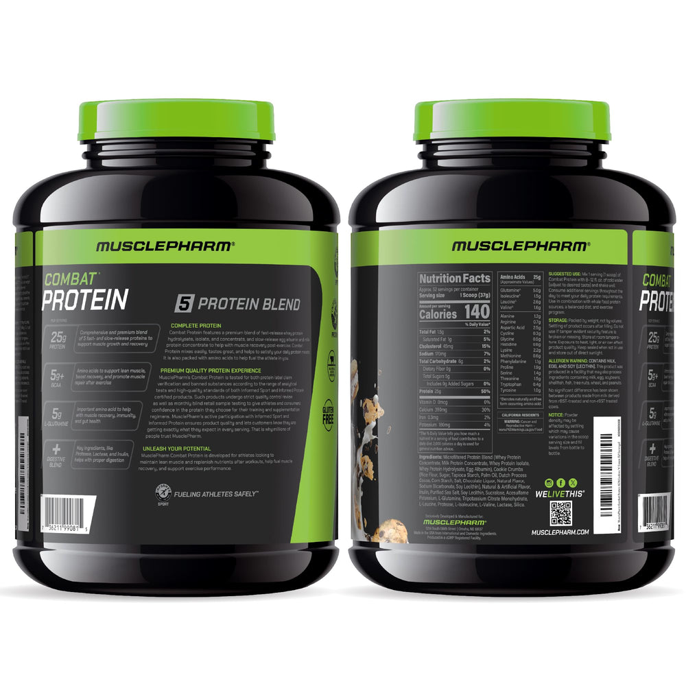 MusclePharm Combat Protein Powder in gym setting supports versatile use.