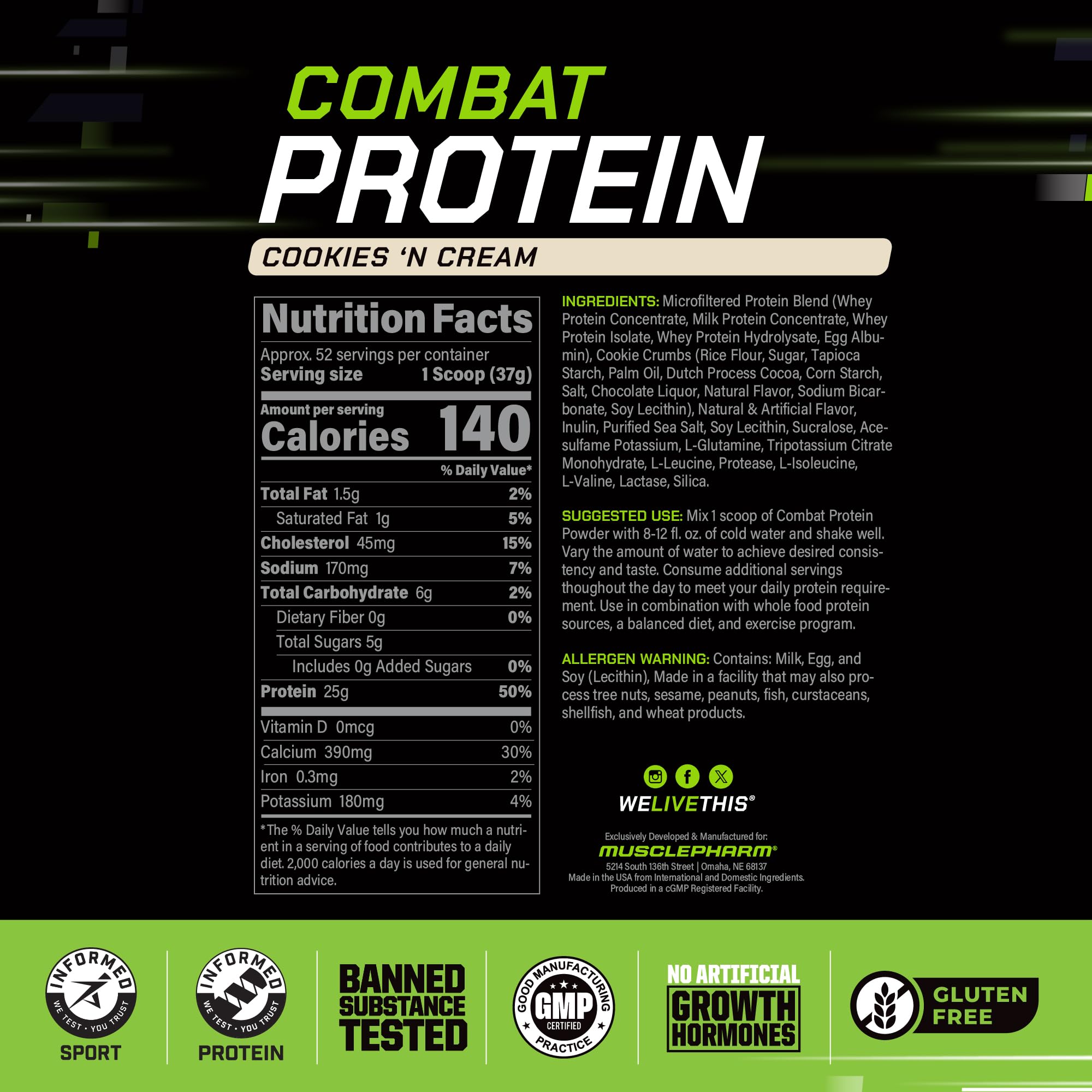 MusclePharm Combat Protein Powder label close-up confirms gluten-free and quality certifications.