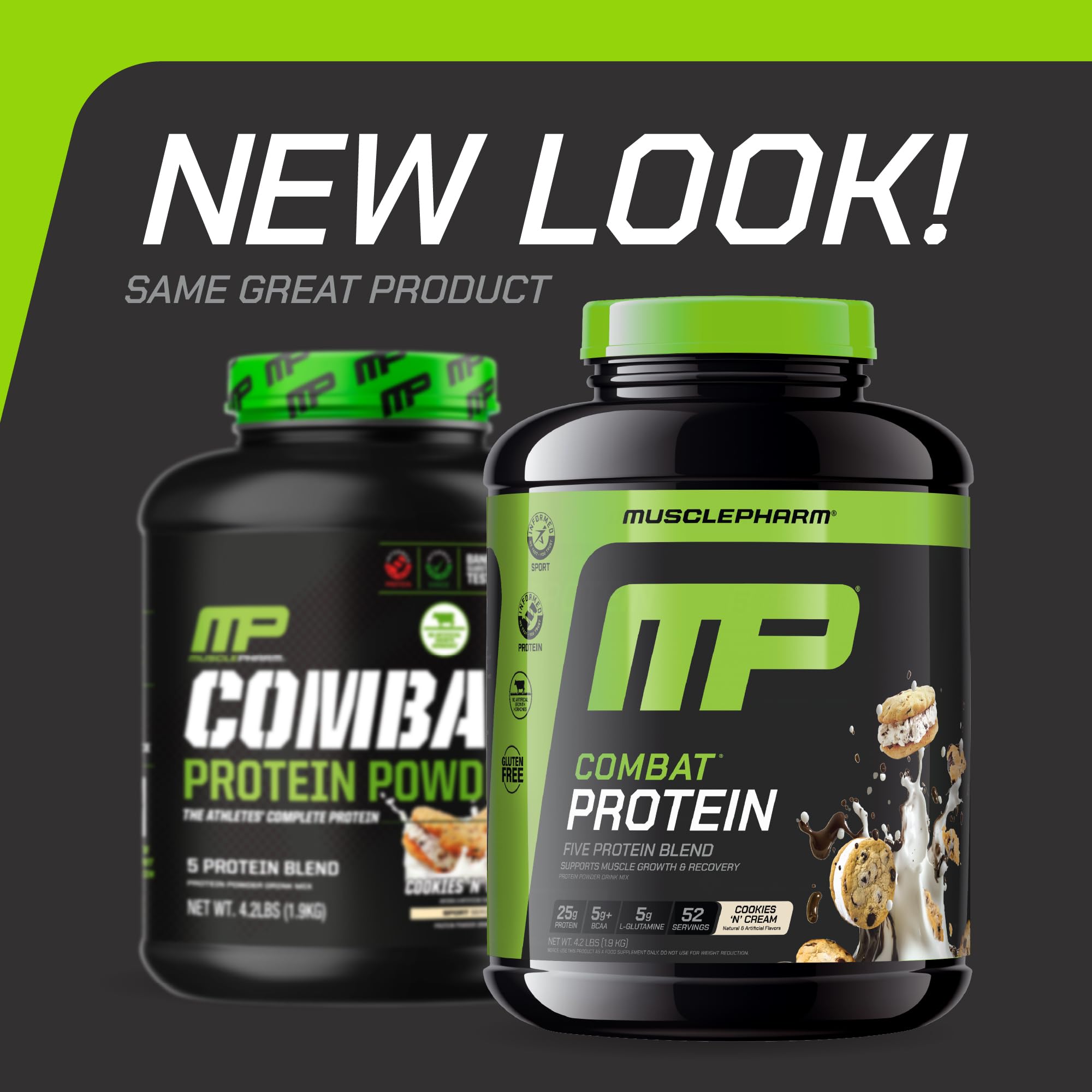 MusclePharm Combat Protein Powder scoop beside tub shows easy mixing.