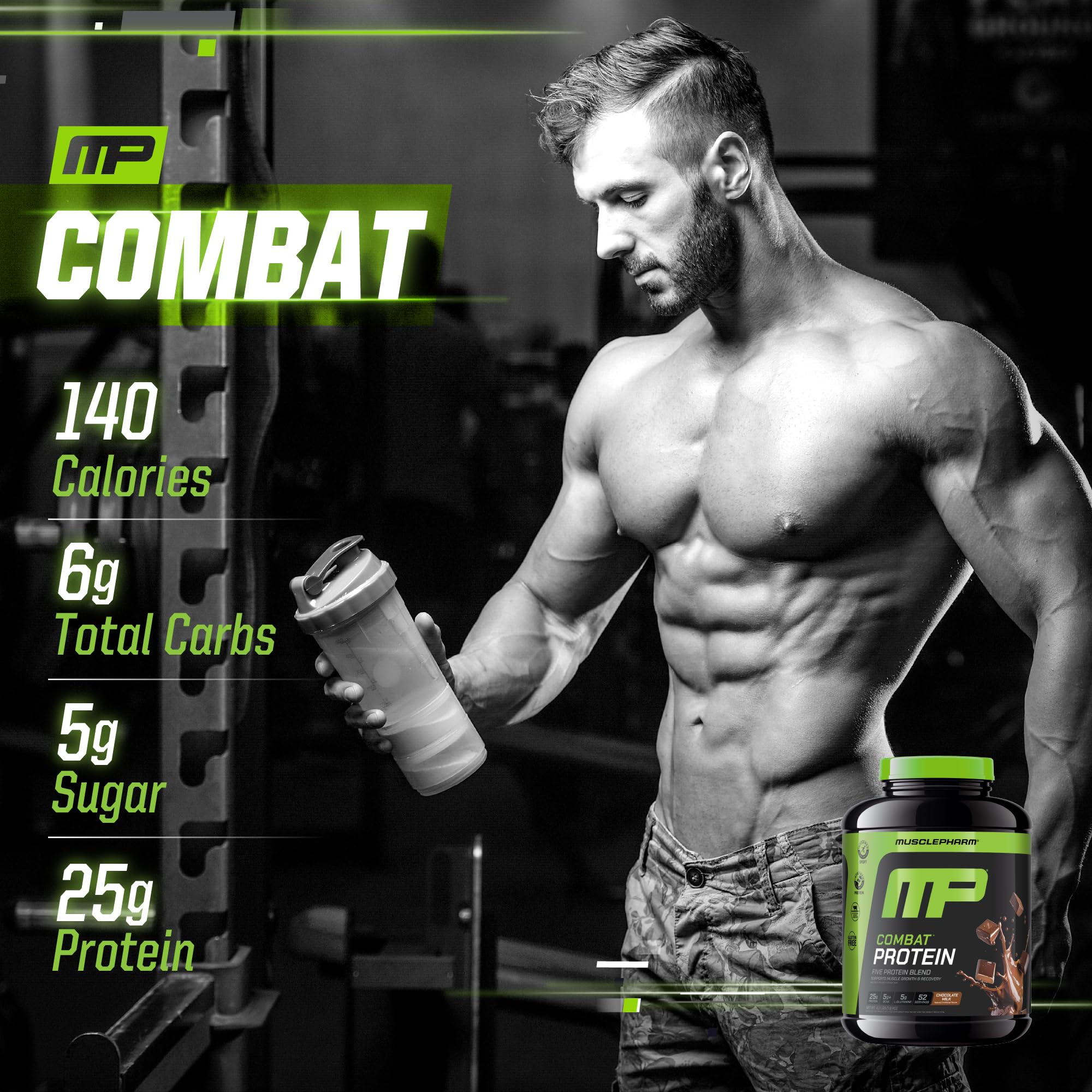 Whey protein isolate and egg albumin in MusclePharm Combat Protein Powder support steady digestion.