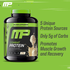 MusclePharm Combat Vanilla label closeup highlights gluten-free and quality seals