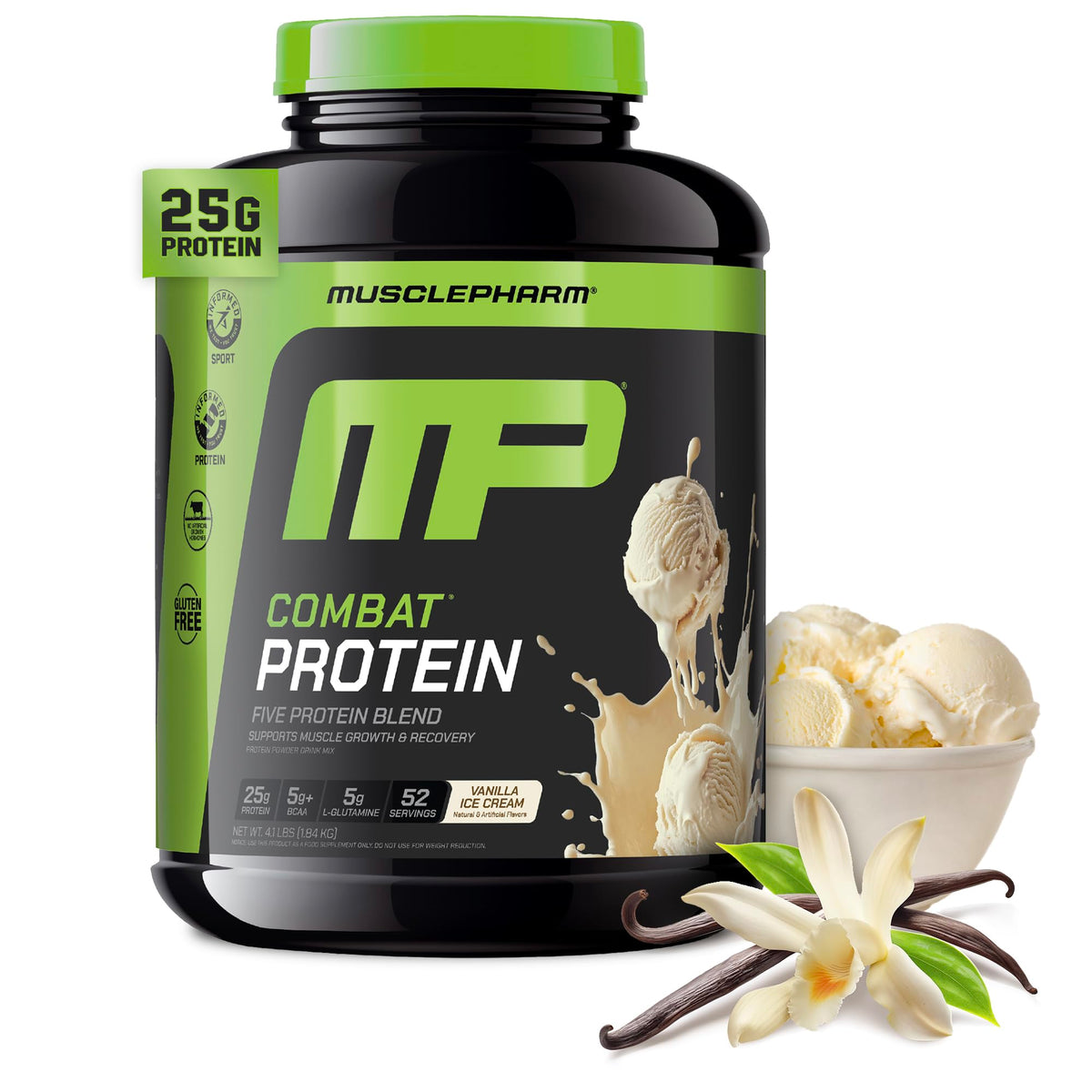 MusclePharm Combat Vanilla protein tub shows flavor and 25g protein per serving