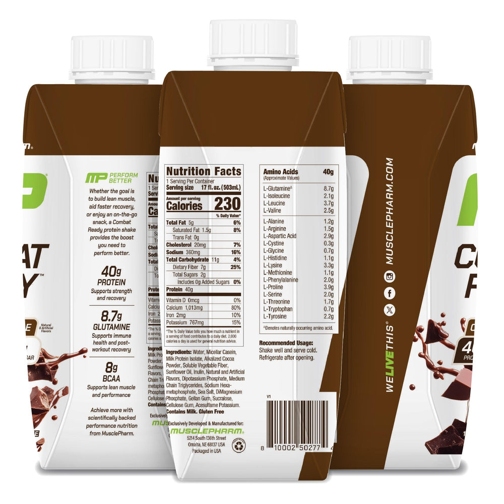 MusclePharm Combat Ready Chocolate Fudge in a daily shake setup.