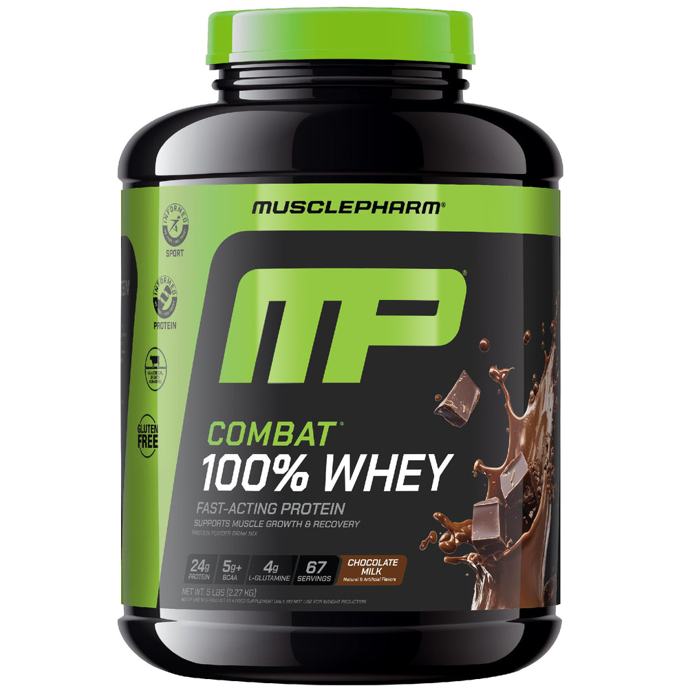 MusclePharm Combat 100% Whey Chocolate Milk tub promotes gains with premium protein