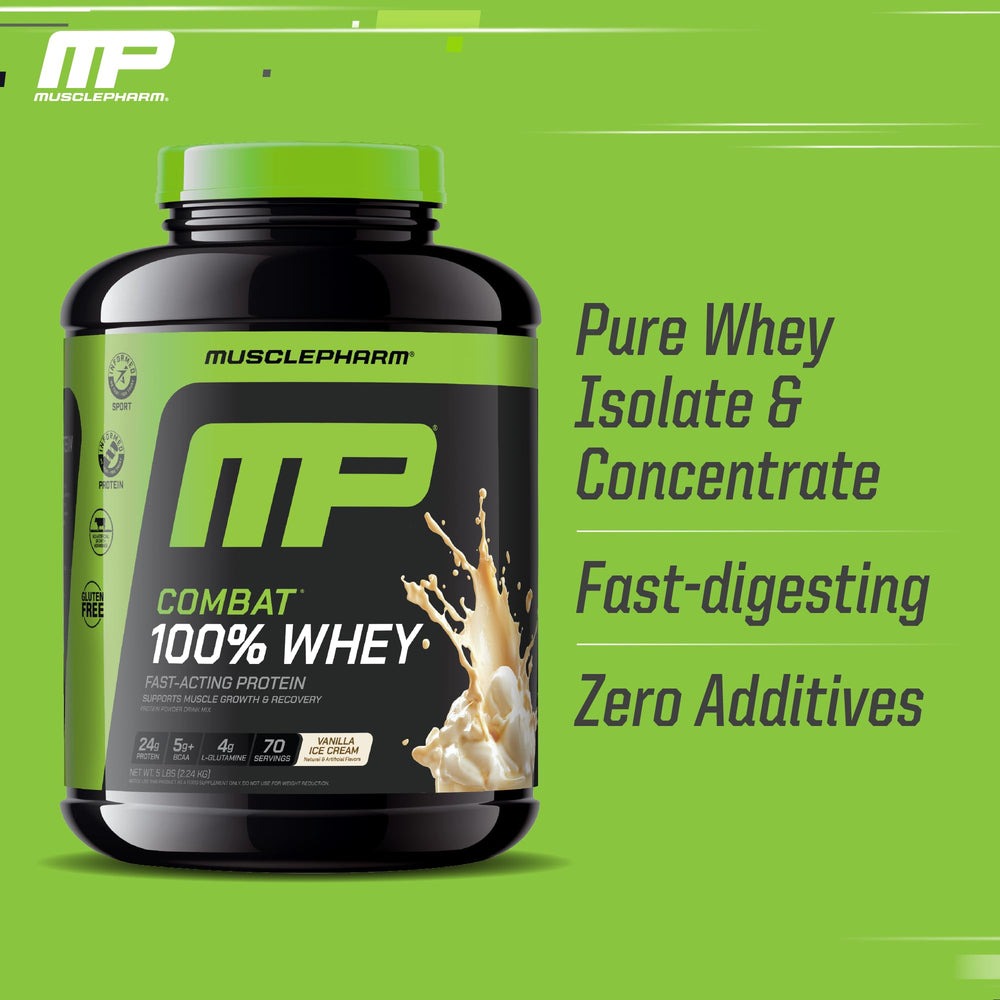 MusclePharm Combat whey vanilla bottle label highlights gluten-free and tested quality.