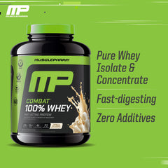 MusclePharm Combat whey vanilla bottle label highlights gluten-free and tested quality.