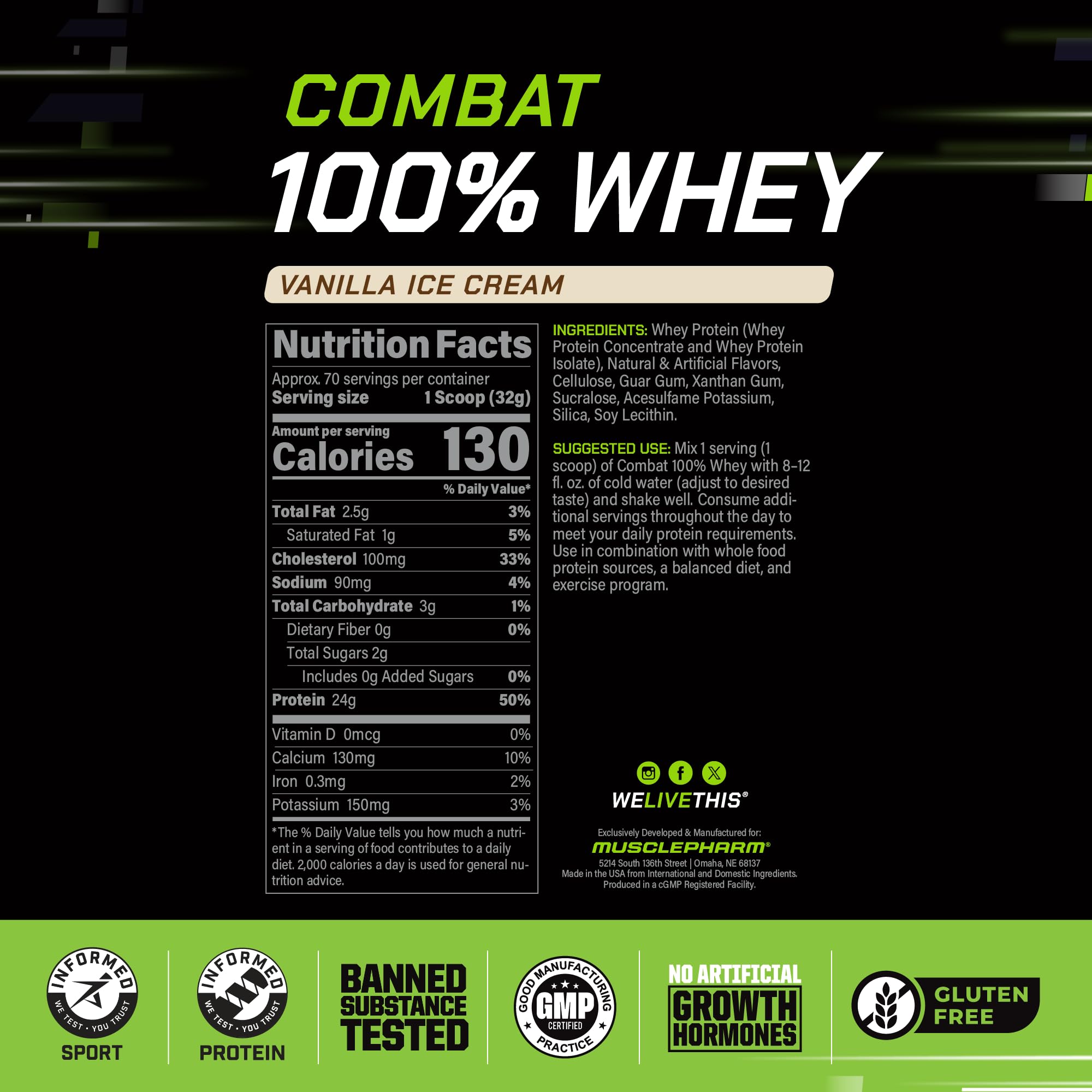 MusclePharm Combat whey vanilla powder being poured for fast digestion.