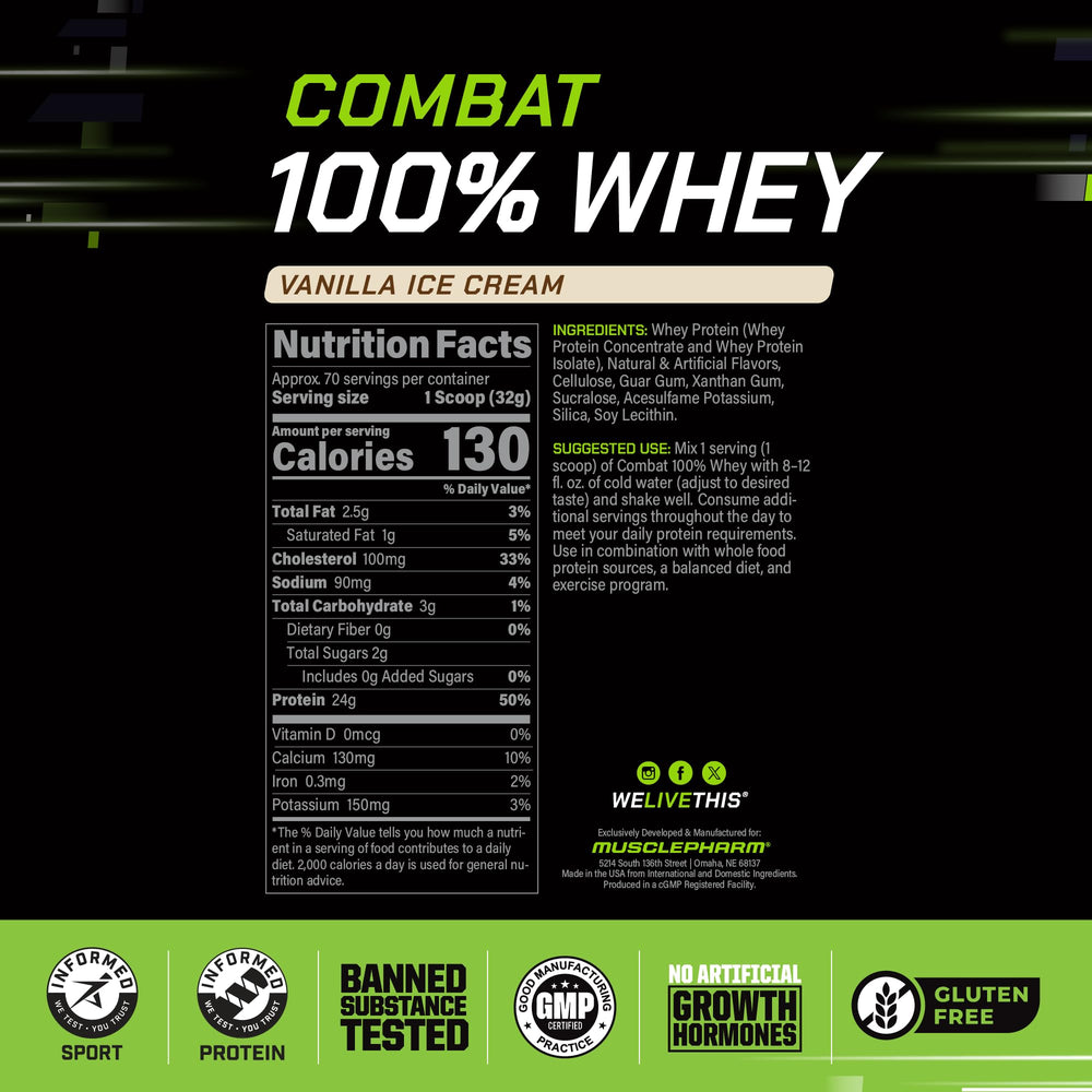 MusclePharm Combat whey vanilla powder being poured for fast digestion.
