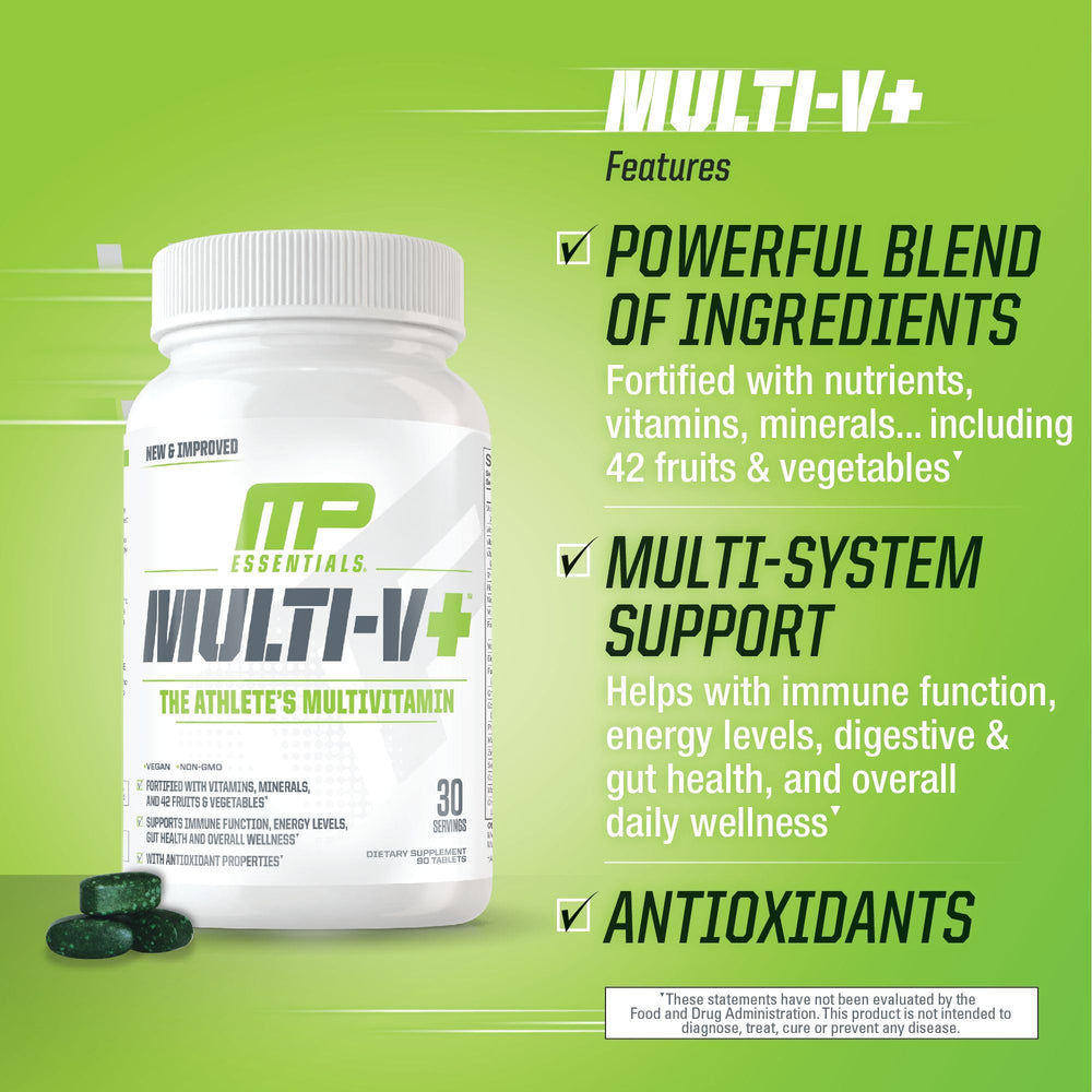MusclePharm Essentials Multi-V+ capsules support daily energy and recovery.