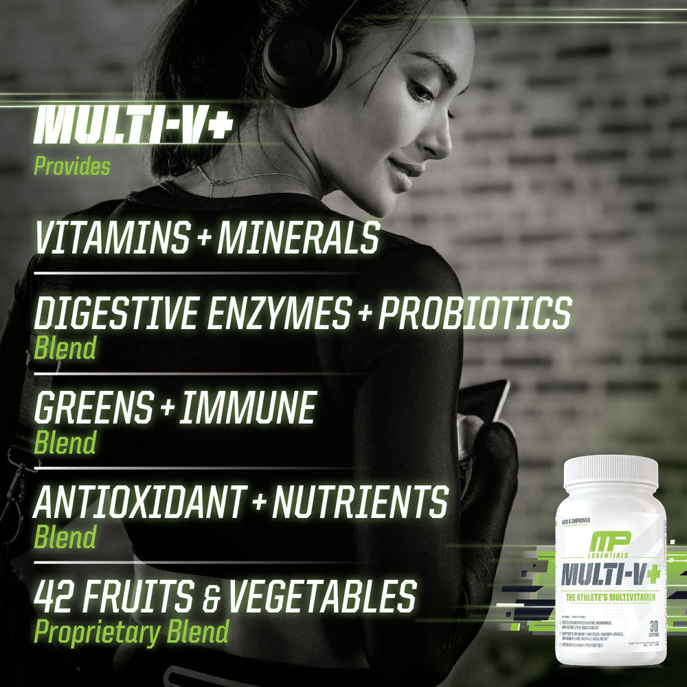 MusclePharm Essentials Multi-V+ ingredients panel with 42 fruits and vegetables.
