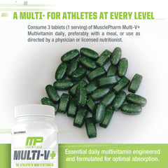 MusclePharm Essentials Multi-V+ tablets on table show convenient daily nutrition.