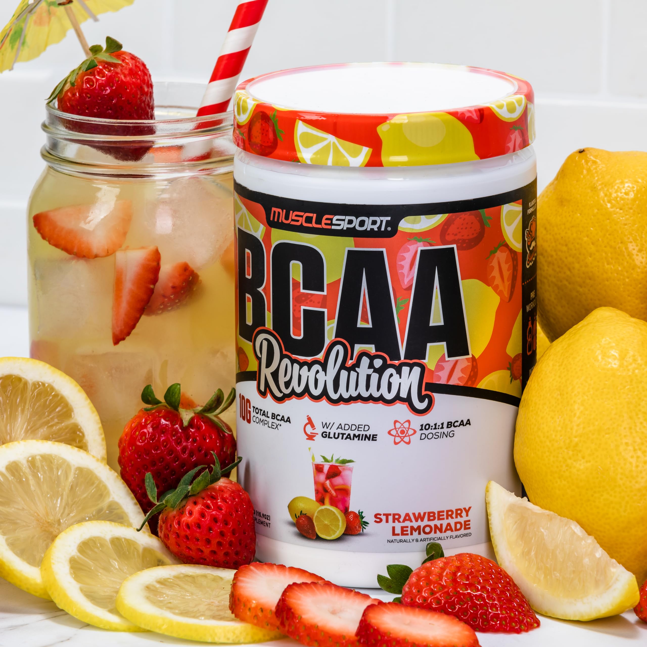 Counter setup showing Musclesport BCAA Revolution ready-to-mix powder.