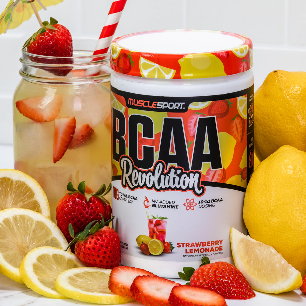 Counter setup showing Musclesport BCAA Revolution ready-to-mix powder.