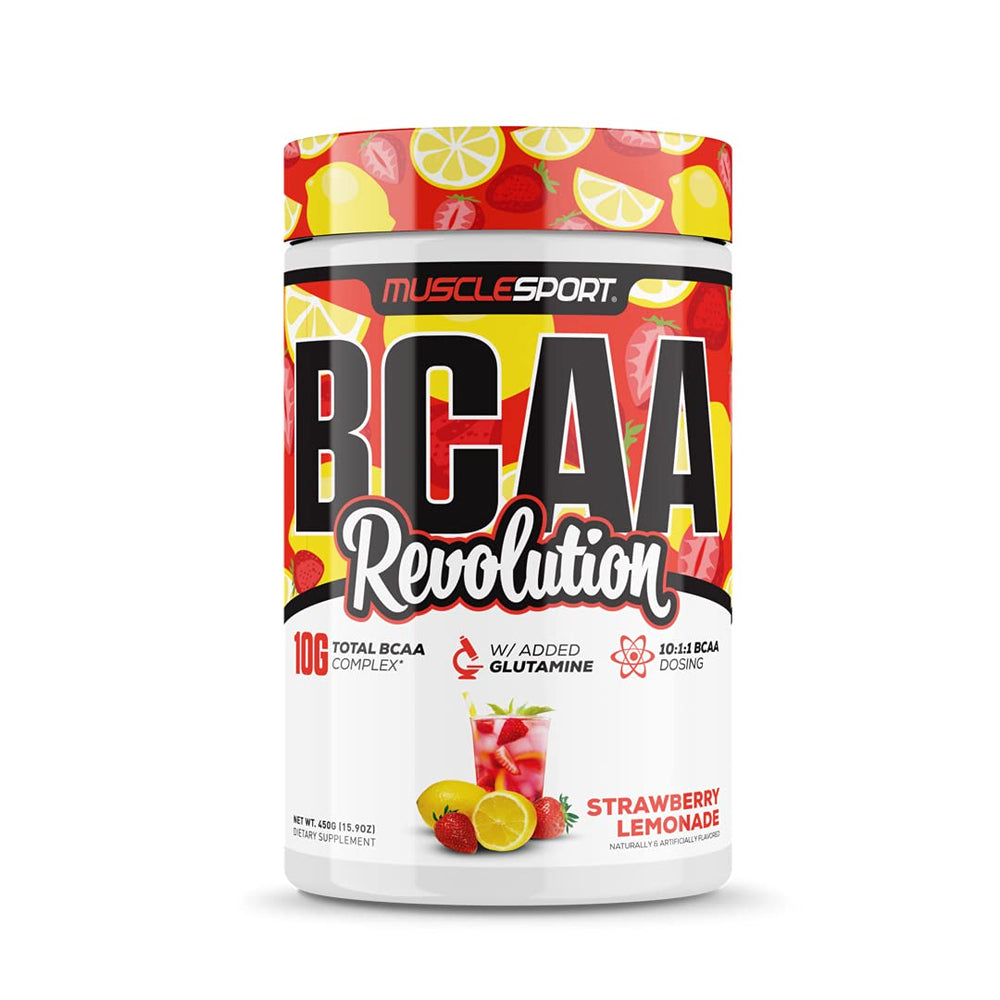 Musclesport BCAA Revolution strawberry lemonade bottle for intra-workout hydration.