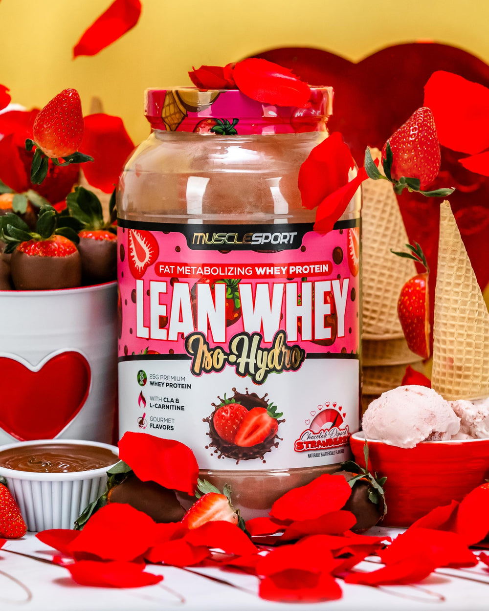 Musclesport Lean Whey Revolution grass-fed whey icon signals quality sourcing.