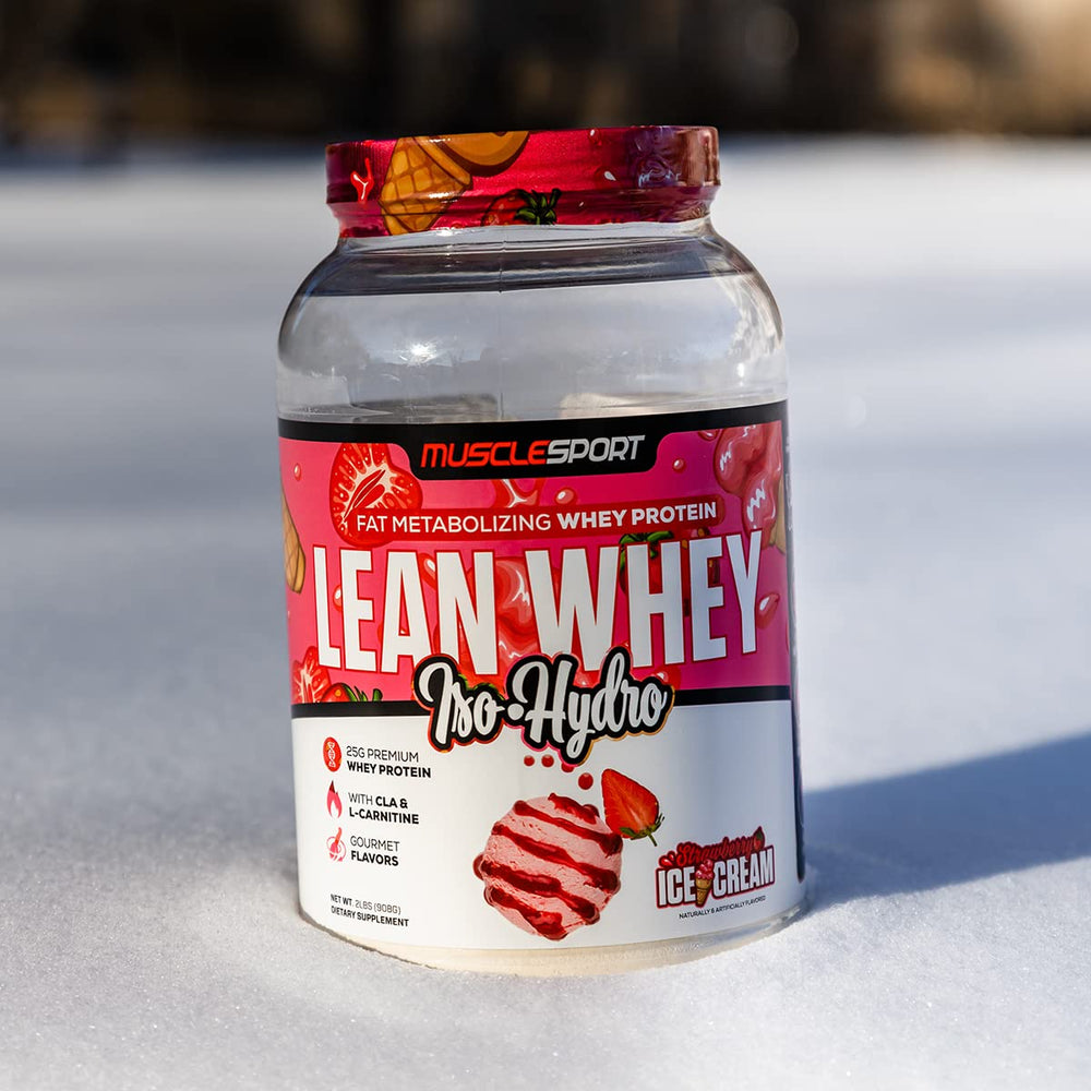 Musclesport Lean Whey Revolution ingredients panel showcases clean whey isolate and hydrolysate blend.