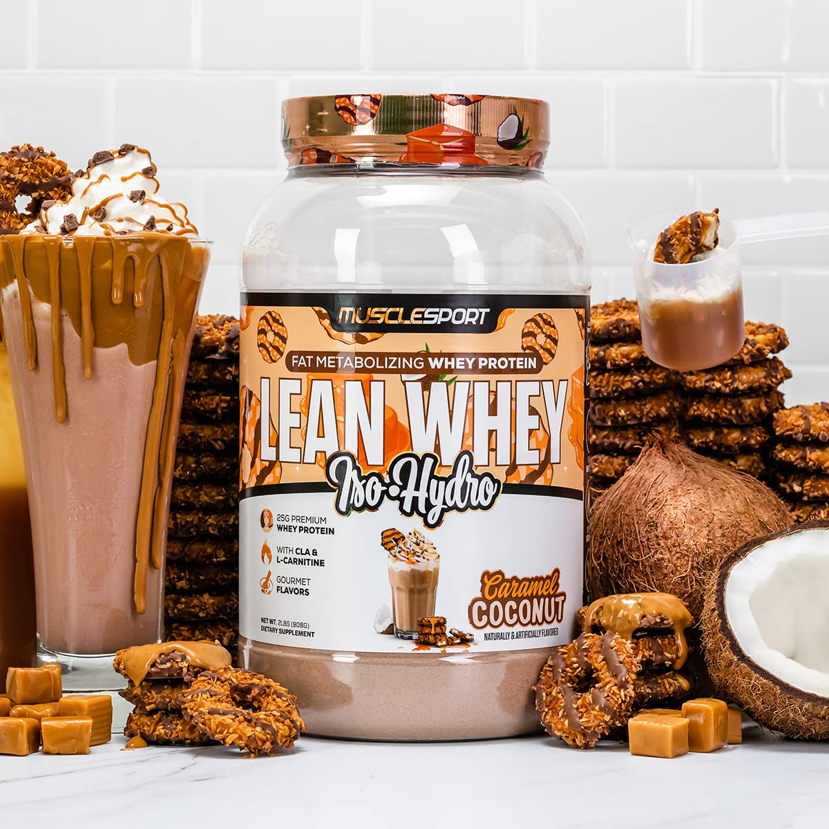 Musclesport Lean Whey Revolution label close-up highlights ingredients.