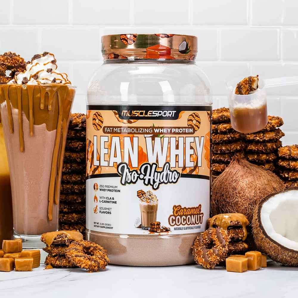 Musclesport Lean Whey Revolution label close-up highlights ingredients.