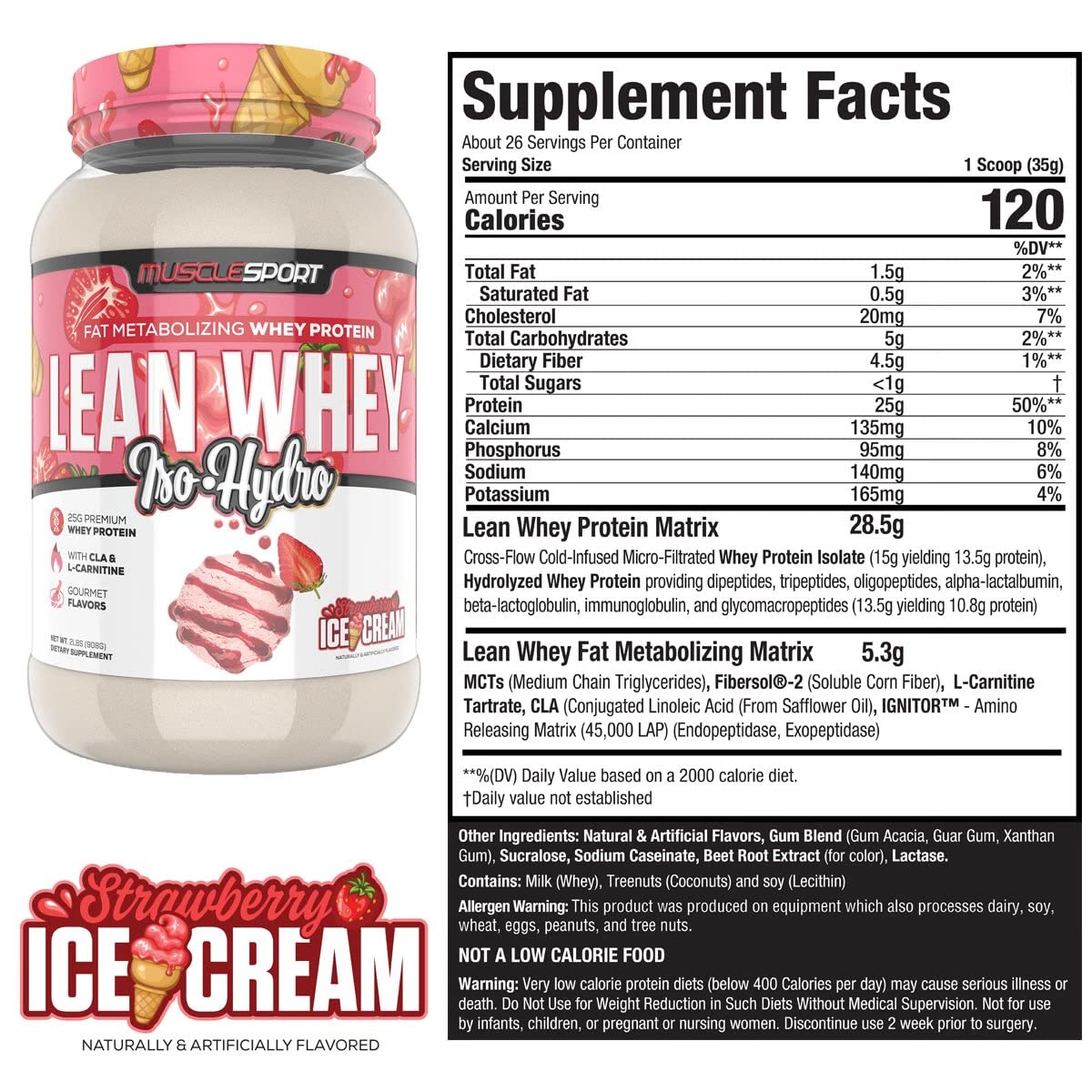 Musclesport Lean Whey Revolution strawberry pour into glass highlights a low-calorie shake option.