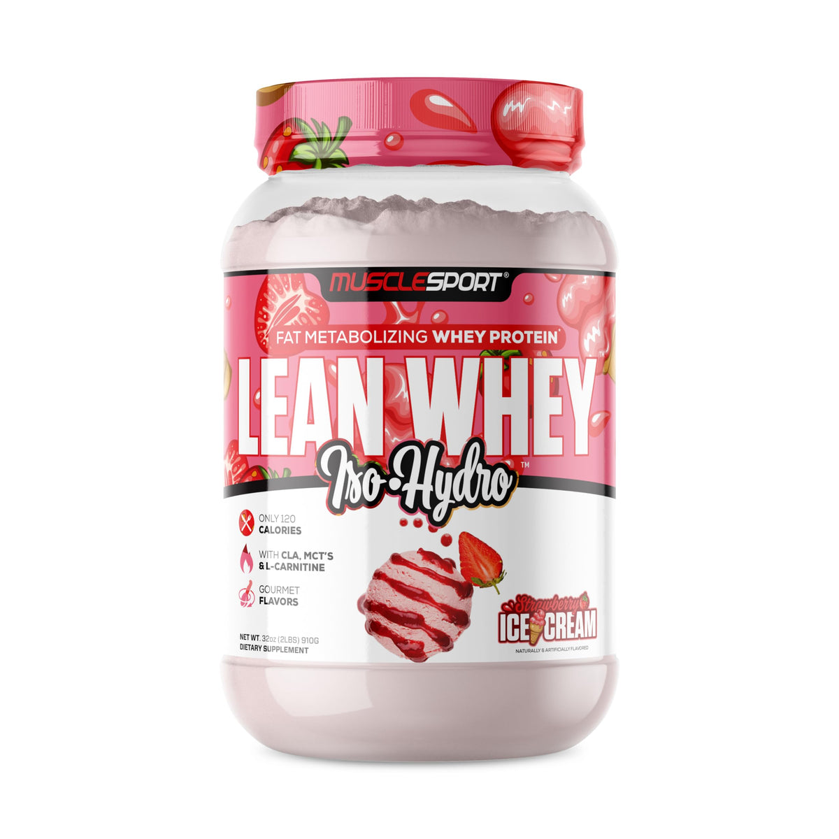 Musclesport Lean Whey Revolution strawberry powder bottle provides post-workout protein and nutrition.