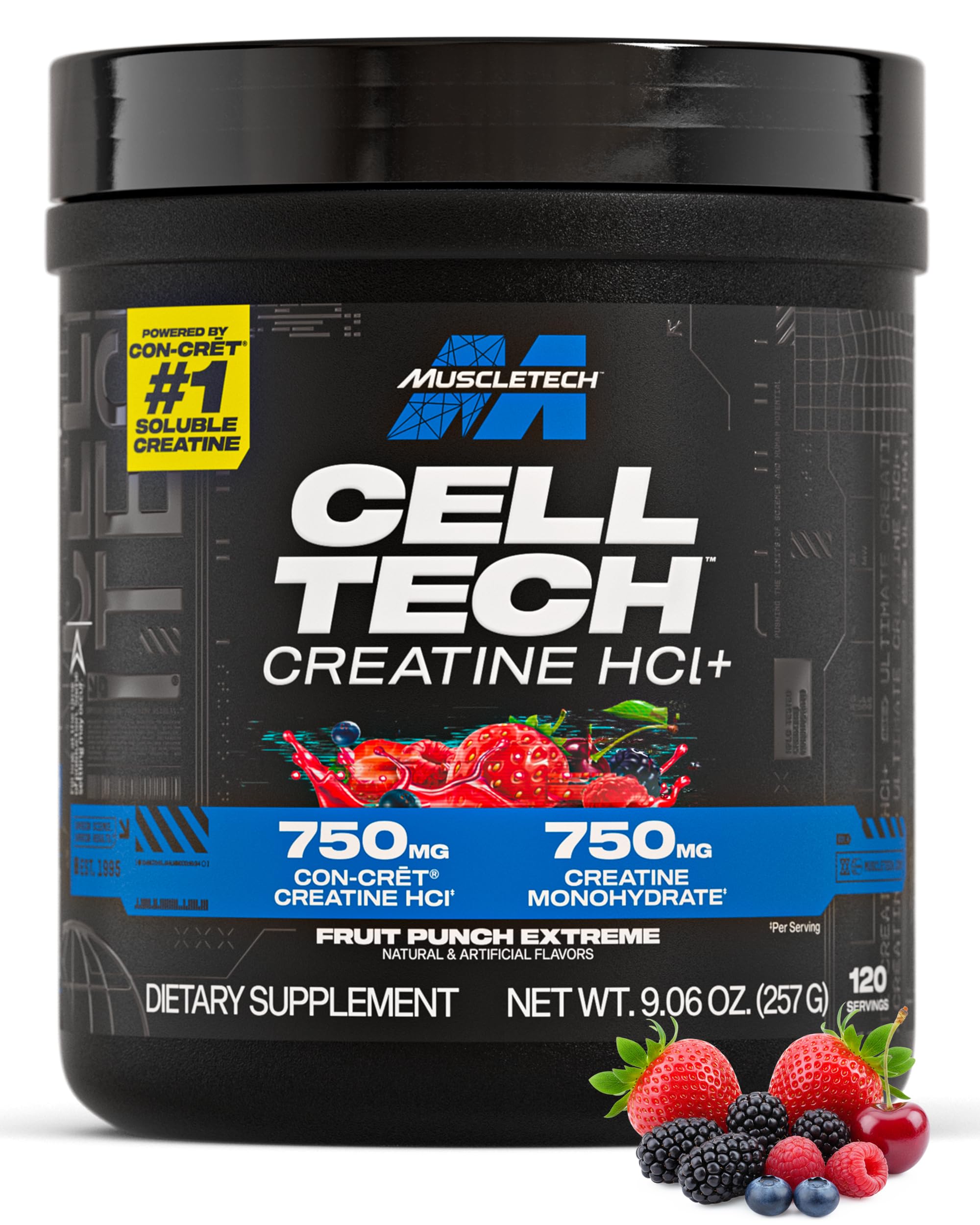 MuscleTech Cell-Tech Creactor bottle front, fruit punch flavor for workouts