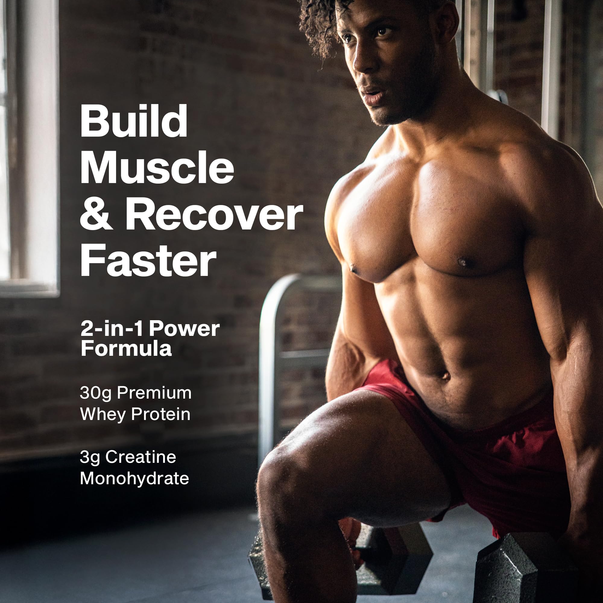 Nutrition panel shows 30g protein per serving and 3g creatine.