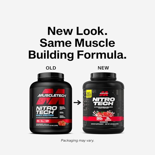 Nitro-Tech protein scoop beside the tub for convenient daily servings.