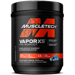 MuscleTech VaporX5 Blue Razz Freeze canister for an energized pre-workout session.