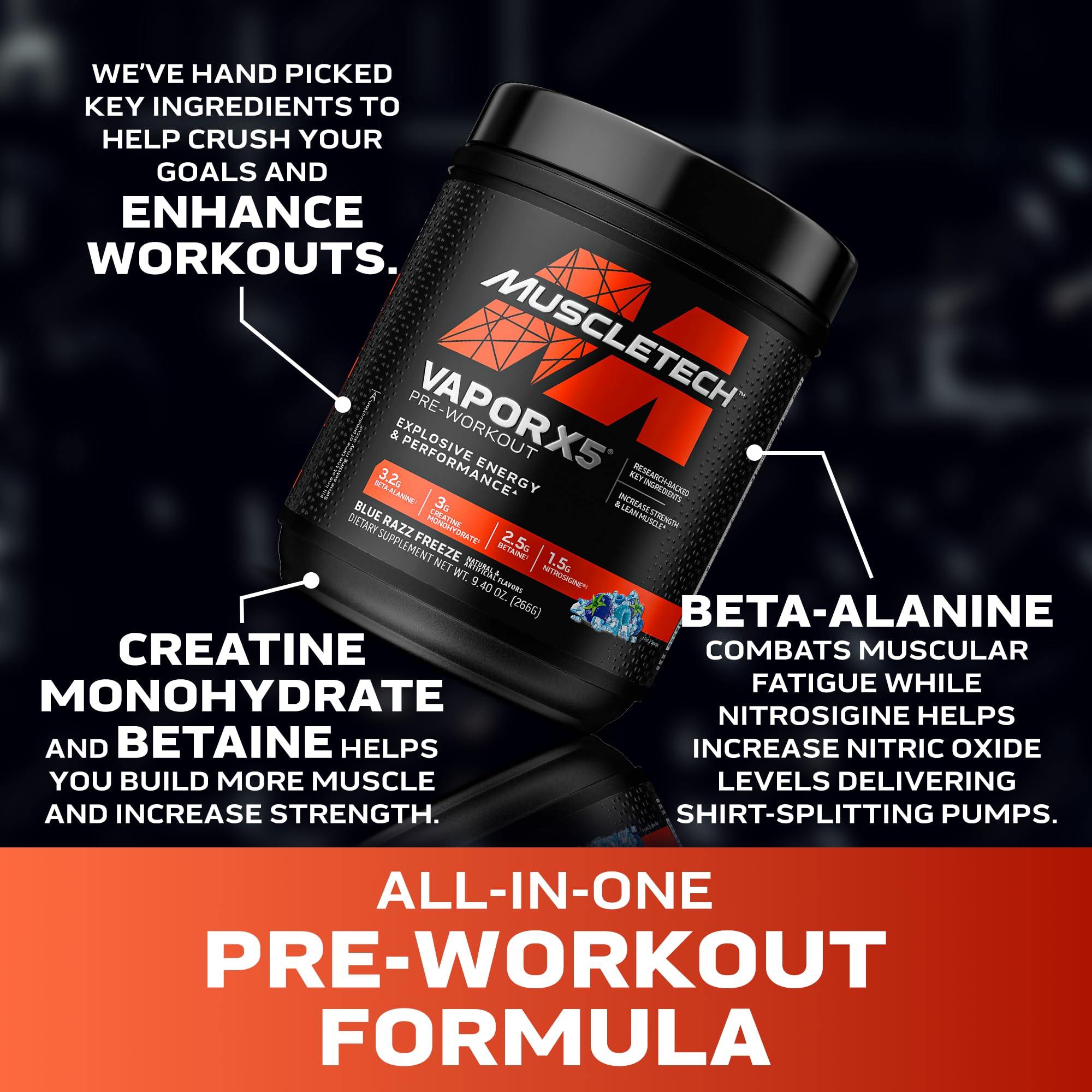MuscleTech VaporX5 pump-focused blend supports stronger muscle pumps during workouts.