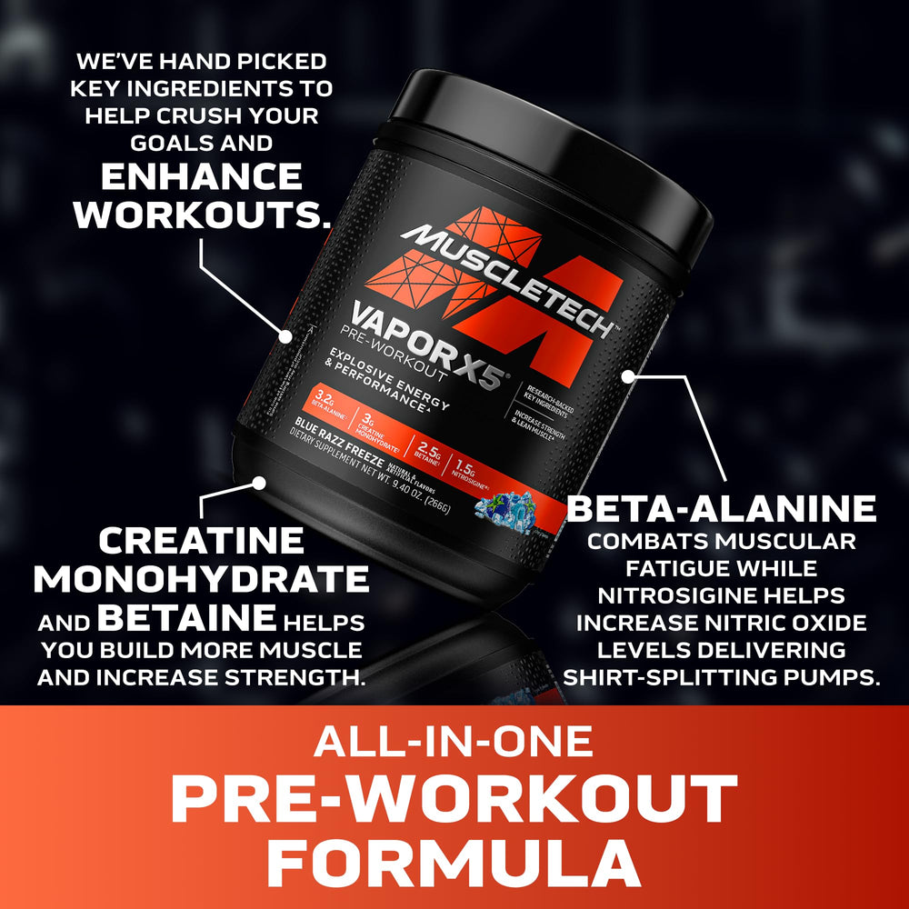 MuscleTech VaporX5 pump-focused blend supports stronger muscle pumps during workouts.