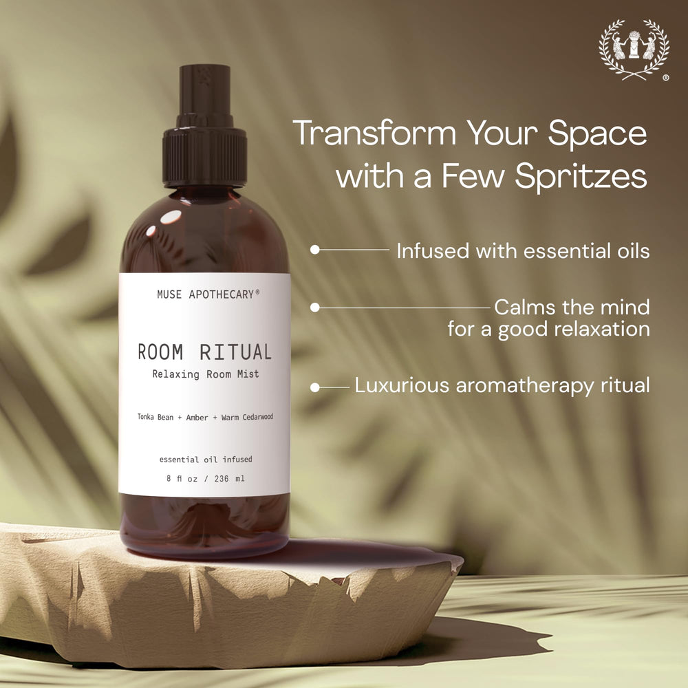 Muse Apothecary Room Ritual label highlights lavender, eucalyptus, and aloe notes.