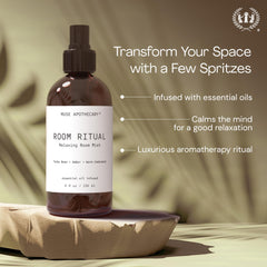 Muse Apothecary Room Ritual label highlights lavender, eucalyptus, and aloe notes.