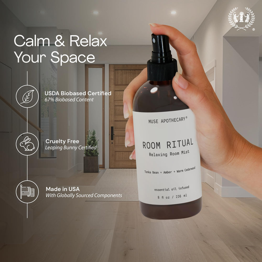 Spritzing Muse Apothecary Room Ritual on linens for a cozy scent.