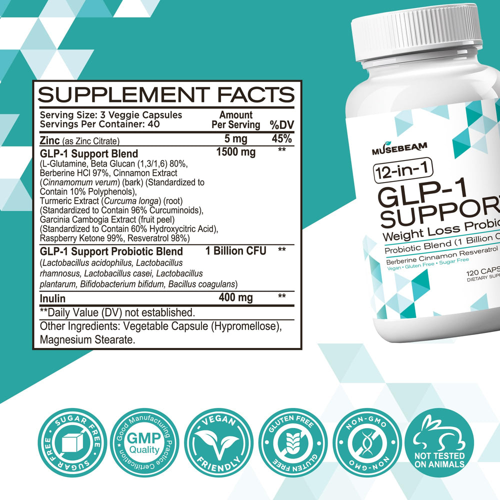 MuseBeam bottle with glass of water suggests easy daily integration.