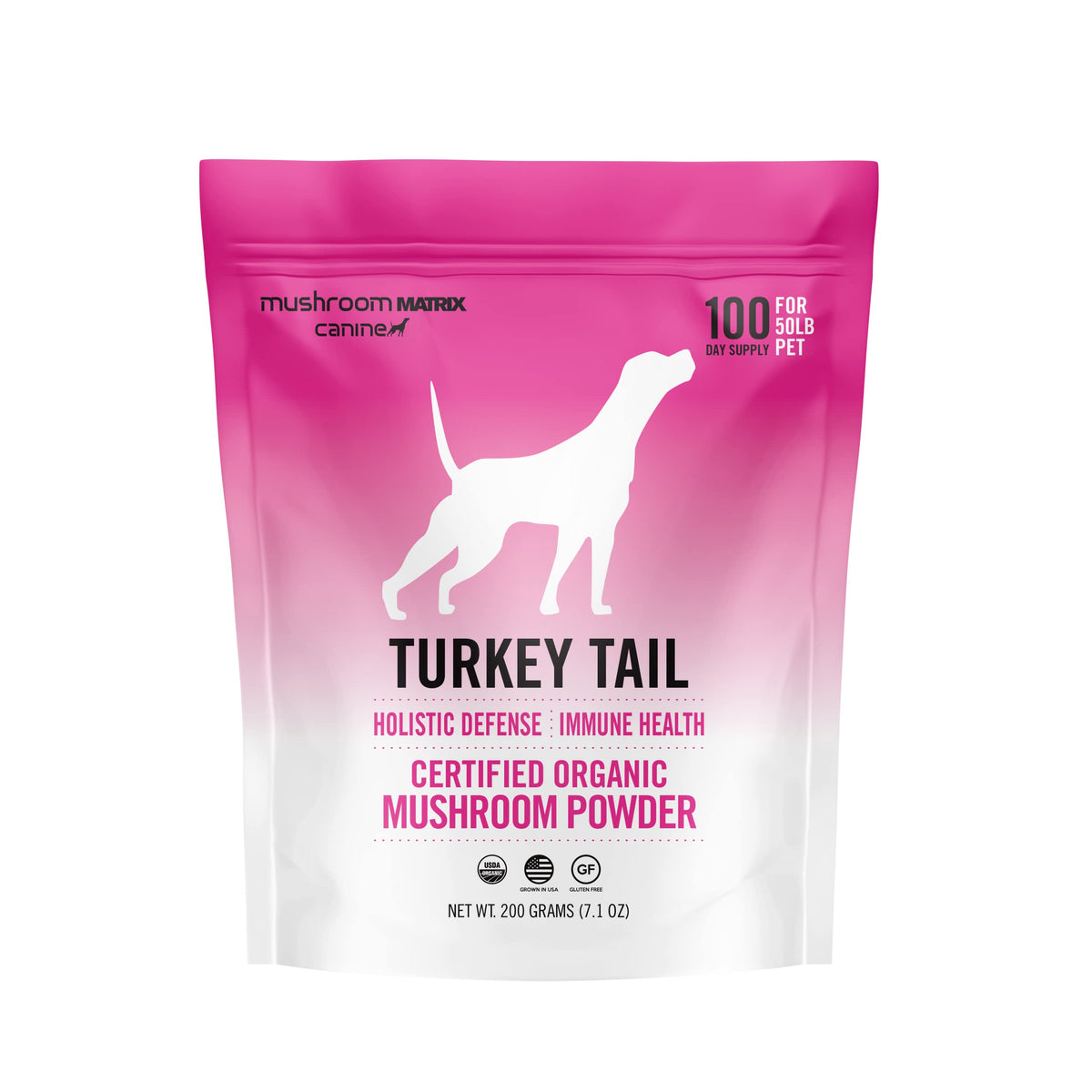 Om Mushroom Matrix Turkey Tail powder bottle for dogs and cats supports immune wellness.