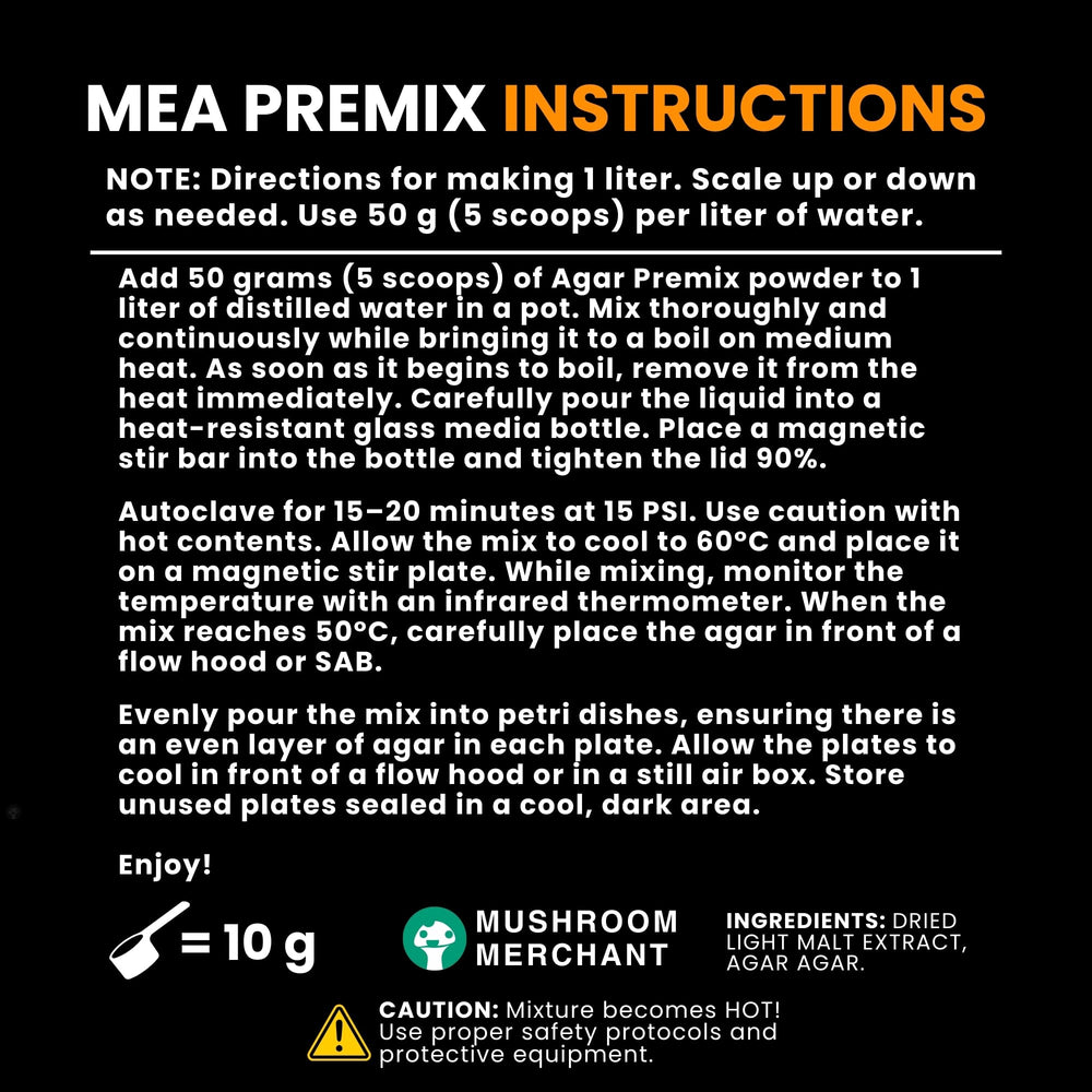 Mushroom Merchant MEA Premix produced in the USA by experienced mycologists.