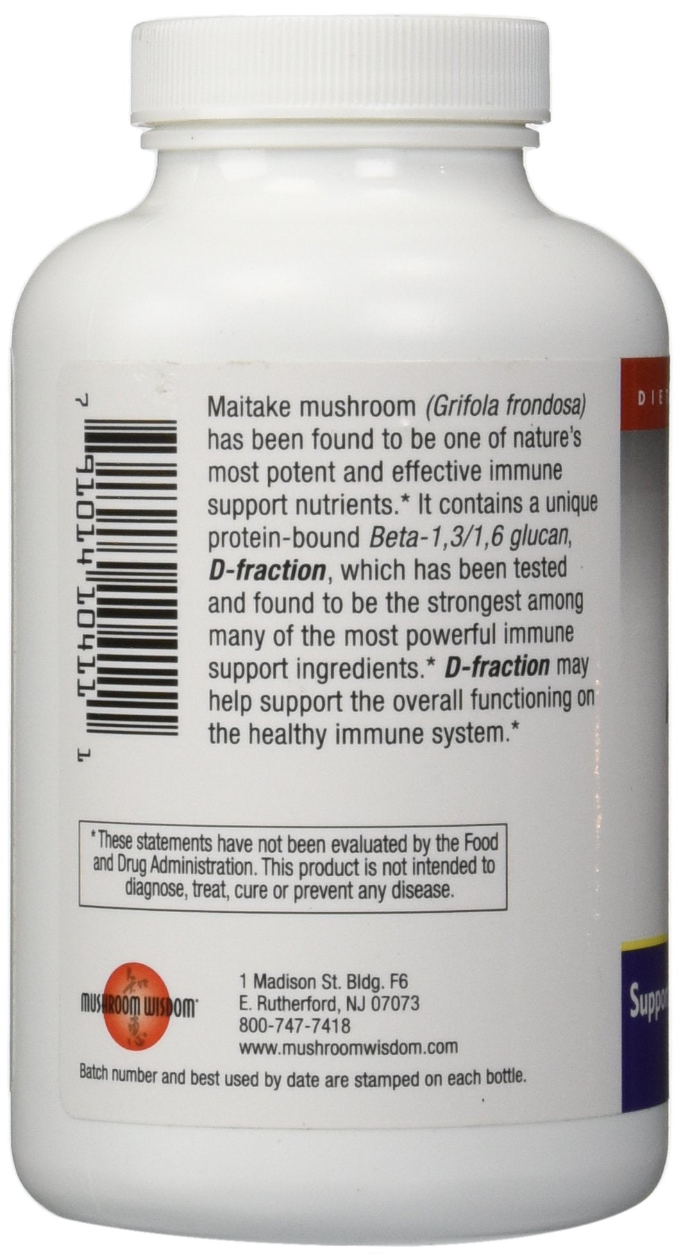 Mushroom Wisdom Maitake D-Fraction label close-up highlighting brand and product name.