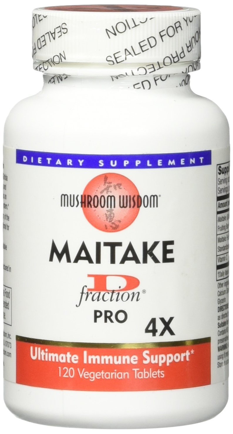 Mushroom Wisdom Maitake D-Fraction Pro bottle shown with a 120-count package for daily wellness.