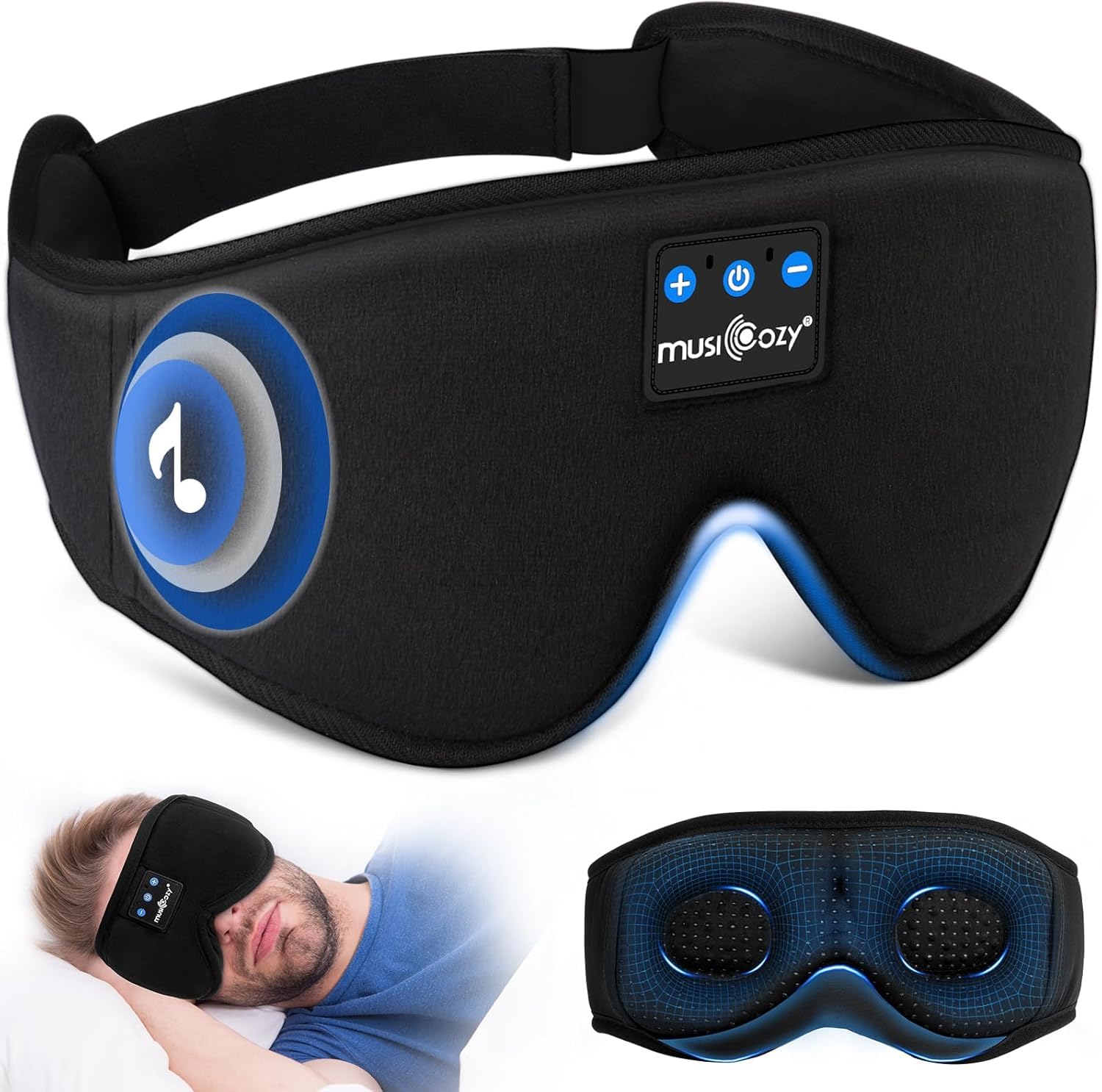 MUSICOZY sleep headphones eye mask with 3D design for comfortable all-night wear.