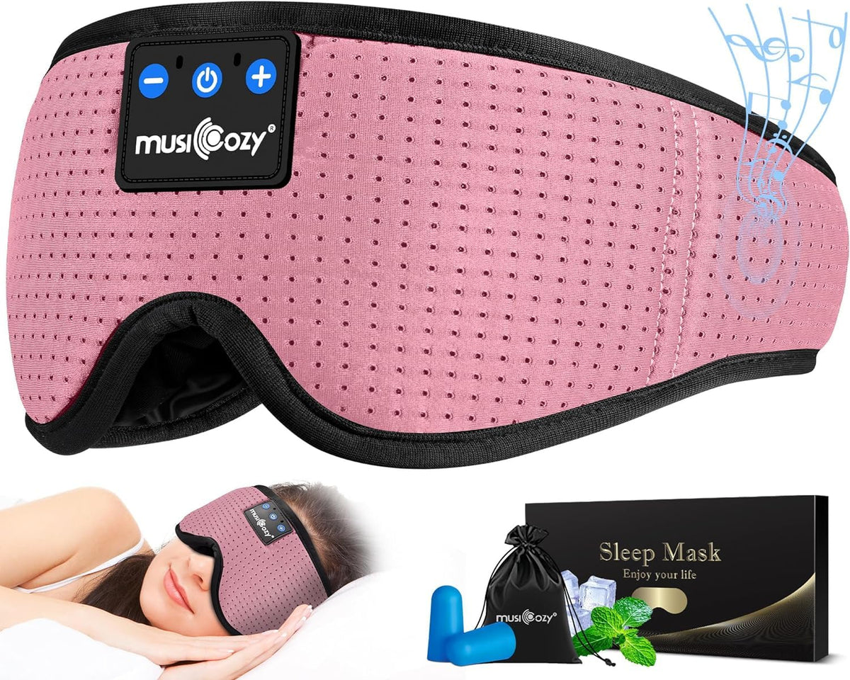 MUSICOZY Sleep Headphones setup shows wearable eye mask with built-in speakers for comfortable listening.