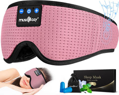 MUSICOZY Sleep Headphones setup shows wearable eye mask with built-in speakers for comfortable listening.