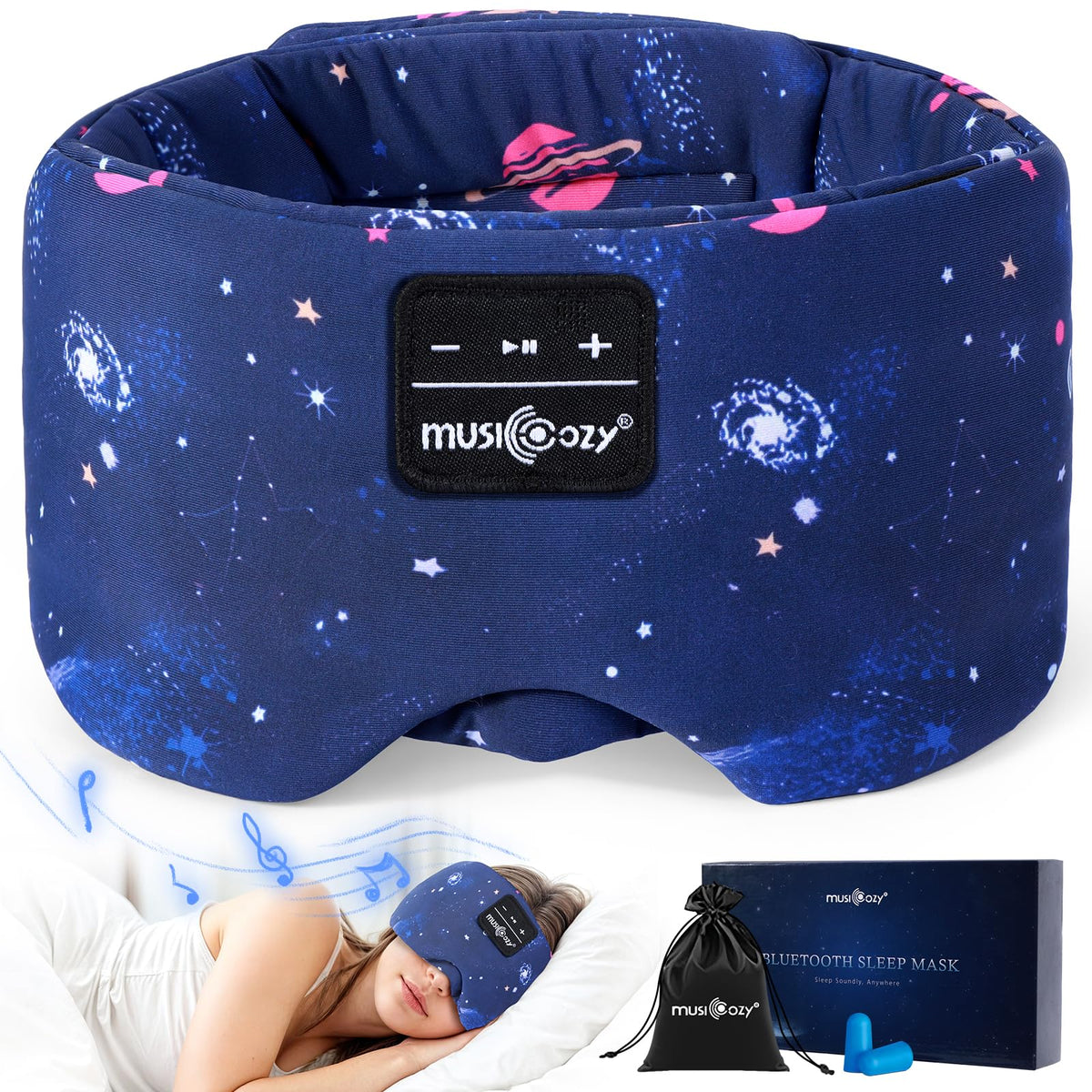 MUSICOZY Sleep Mask Headphones closeup reveals silky material for gentle skin contact.