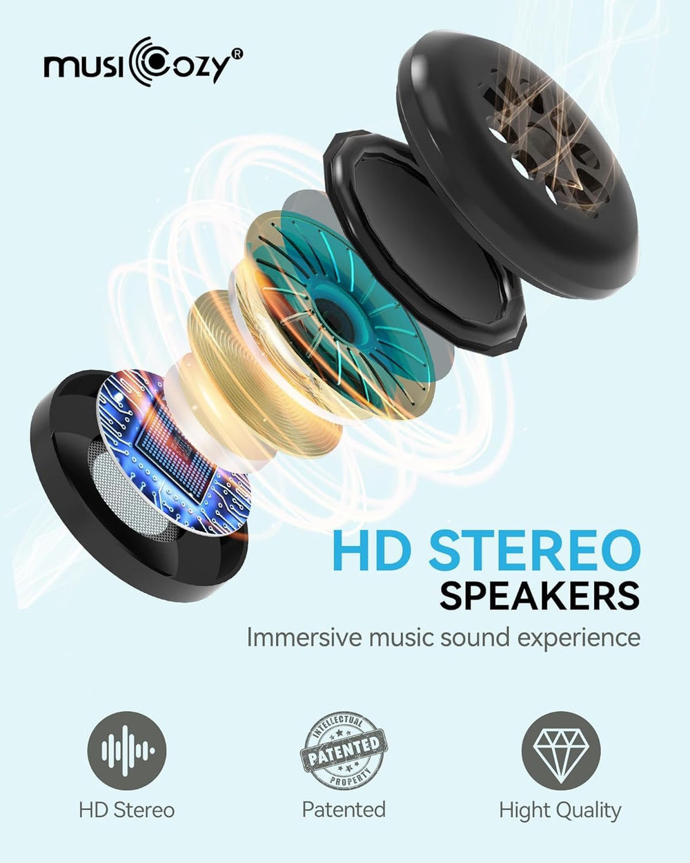 MUSICOZY ultra-thin side-sleeper speakers enable comfortable nocturnal listening.