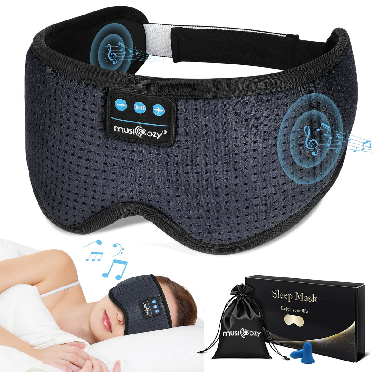 Musicozy white noise sleep mask front view with memory foam for blackout sleep
